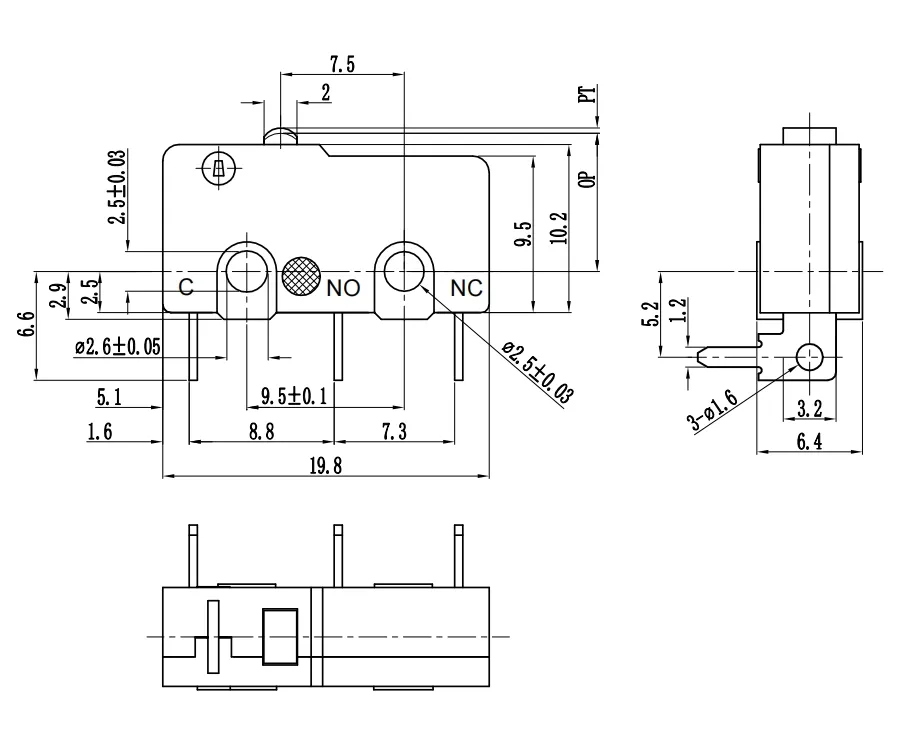 NNC Push Button Microswitch NS-5D1P con curva izquierda Terminal Pin Plunger Microswitch 3